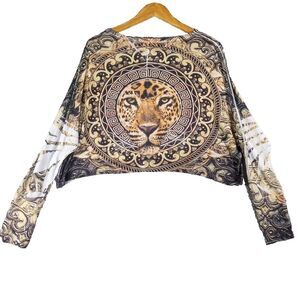 Blush Cropped Pullover Top Women's Size M Leopard Tiger Stretch Long Sleeve USA